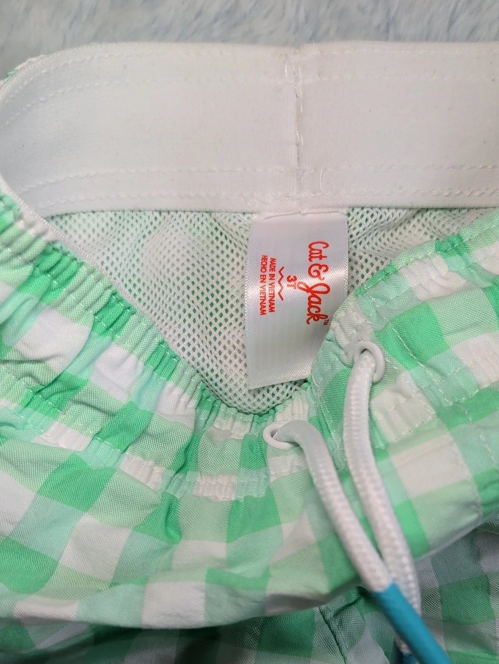 EUC 3T Cat & Jack Neon Flourescent Green Swim Trunks Shorts Plaid Gingham Check